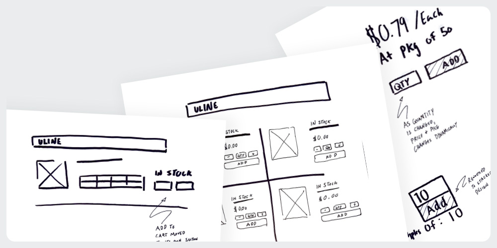 Early sketches and wireframes exploring three different layouts for the search results page.