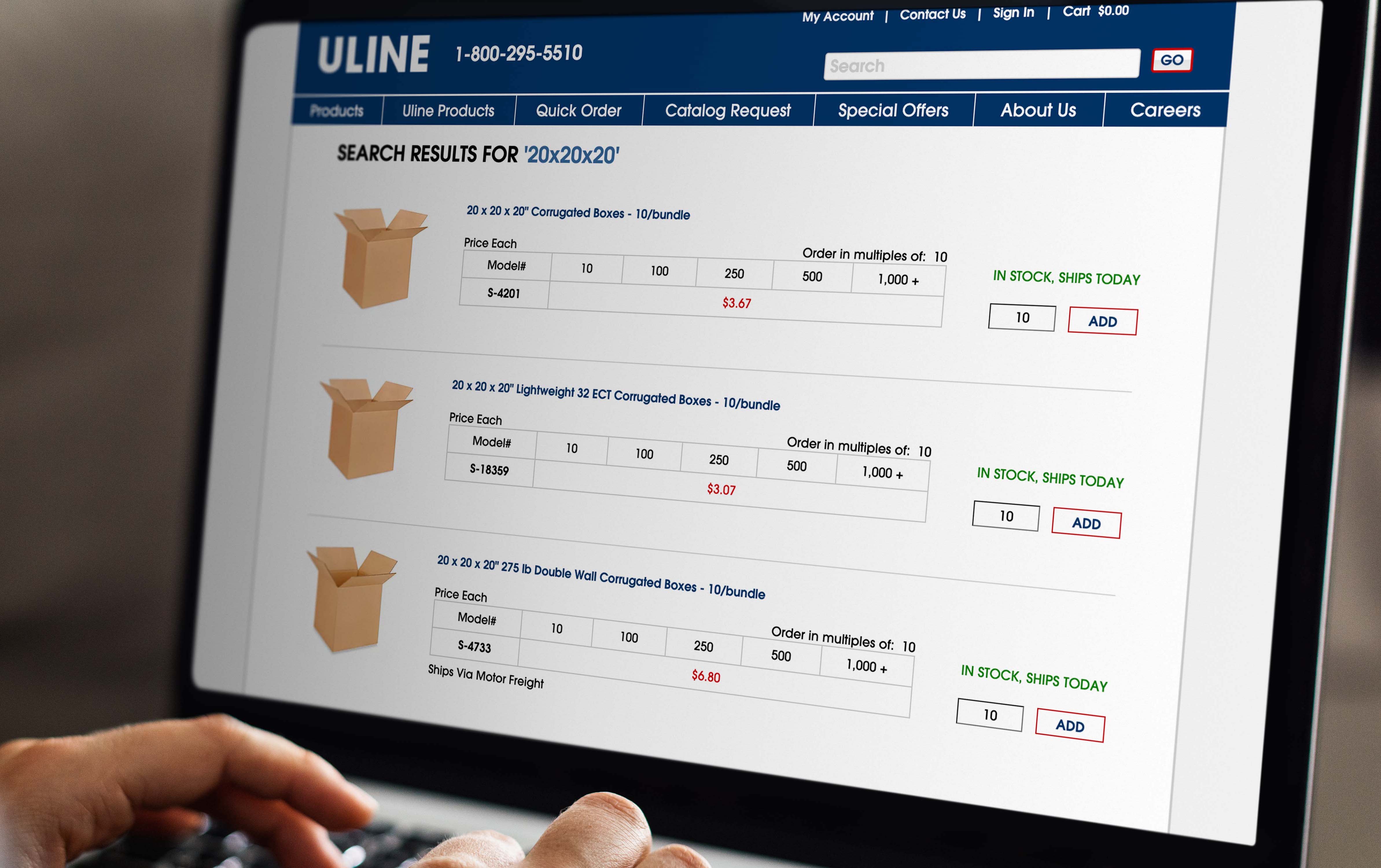 The existing search results page, showing the pricing table and add-to-cart controls that were hard to read.